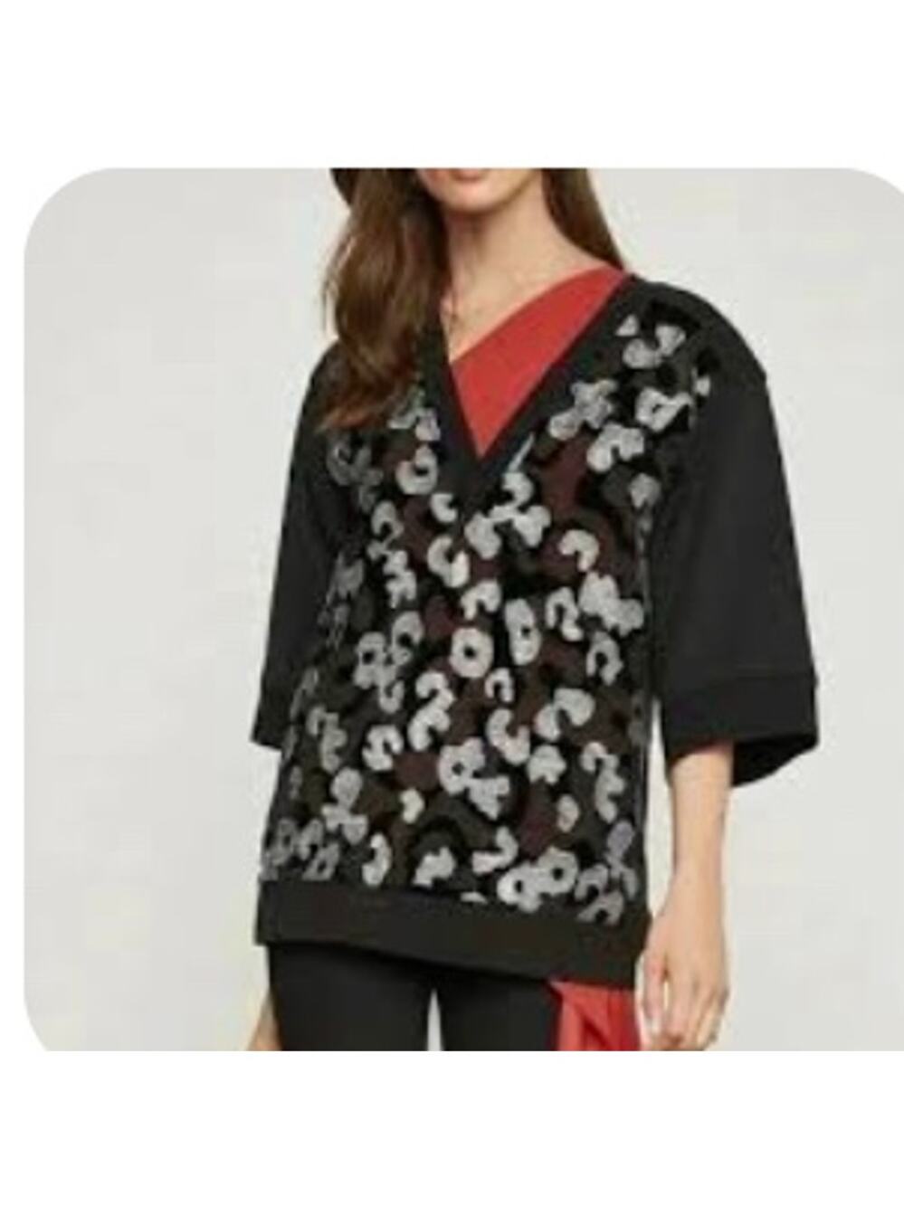 BCBGMAXAZRIA Womens XS Black Ribbed Camo Lace Sweatshirt Top Short Sleeve NEW